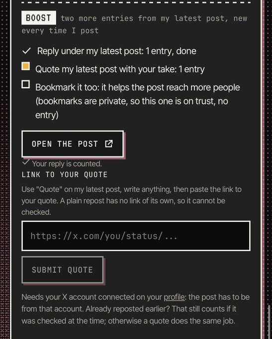 A social media post interface titled 'BOOST' offering instructions and a form to gain two more entries by replying to or quoting the user's latest post.