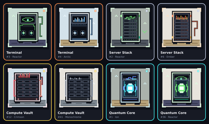 The image displays a collection of pixel-art style digital cards or nodes, including "Terminal" (#3 Reactor, #4 Arctic), "Server Stack" (#2 Reactor, #6 Ember), "Compute Vault" (#12 Crimson, #41 Monochrome), and "Quantum Core" (#1 Ion, #36 Reactor), representing various tech-themed assets likely tied to Nodework Labs' collaboration projects. The cards suggest a structured, tiered system of digital infrastructure components, fitting the lab's transparent approach to collaboration slots.