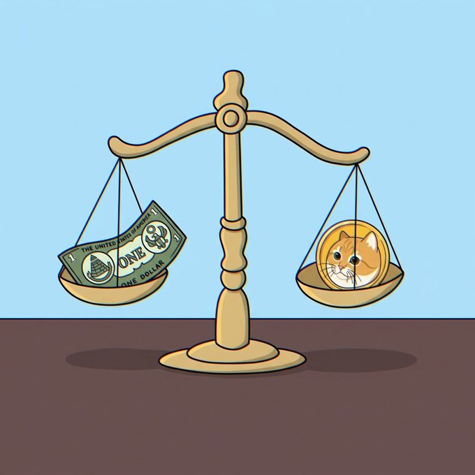 An illustration shows a balance scale weighing US one-dollar bills against a cat, suggesting a comparison of value.