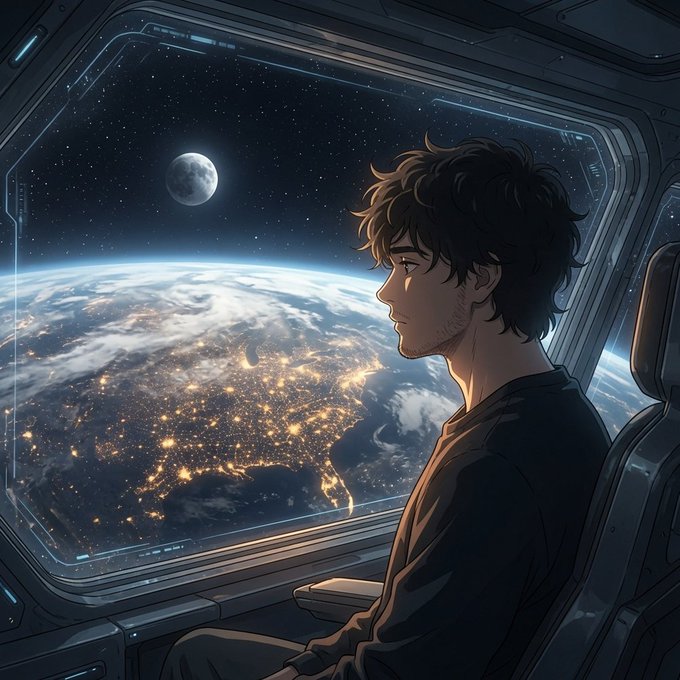 A young man gazes out a spaceship window at Earth glowing with city lights and the moon in the distance, evoking the vast scale of new frontiers—a fitting visual metaphor for a post championing @CNPYNetwork's bold leap in shrinking the gap between idea and live product, with 134K DAUs and 6.4M trades proving the orbit of product-market fit.