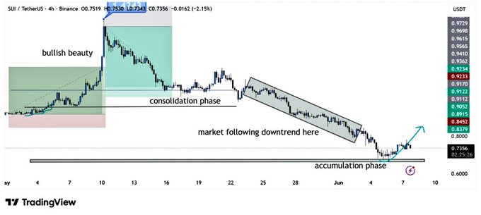 The image features an interactive trading graph that displays the price action of a specific stock called "SUI". The SUI has been experiencing a long downtrend, with prices decreasing steadily over time. However, recent data suggests signs of strength returning as buyers step back into the accumulation zone after being squeezed by the downward trend for several periods. As momentum shifts from downwards to upwards on this graph, it is possible that SUI will see further gains and possibly rise higher in value in the future. The post discussing this trading graph highlights potential market trends and advises viewers to consider these factors when interpreting stock price action.