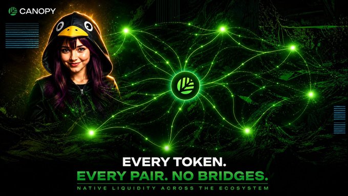 A promotional banner for Canopy featuring a woman in a penguin hoodie alongside the text 'EVERY TOKEN. EVERY PAIR. NO BRIDGES. NATIVE LIQUIDITY ACROSS THE ECOSYSTEM'.