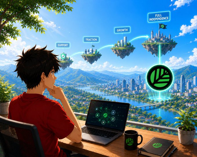 A young man gazes out from his laptop workspace at a floating progression of islands labeled "SUPPORT," "TRACTION," "GROWTH," and "FULL INDEPENDENCE," visually mirroring the post's concept of "progressive" appchain decentralization—where projects gradually graduate toward full autonomy rather than launching independently from day one.