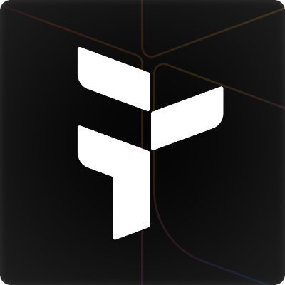 A black square icon featuring a stylized white 'F' logo with thin red and purple line accents.