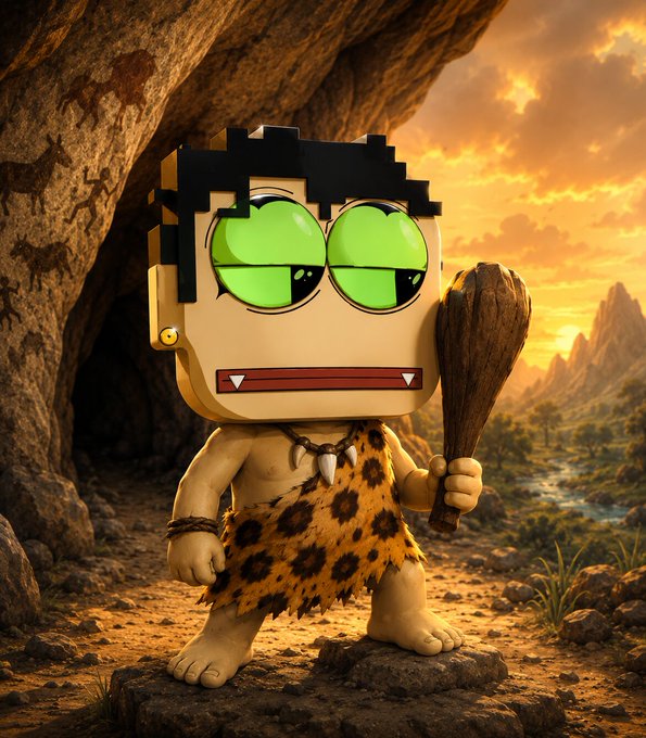 A stylized cartoon character with a blocky, pixelated head, large green eyes, and a leopard-print loincloth stands in a prehistoric setting holding a wooden club.
