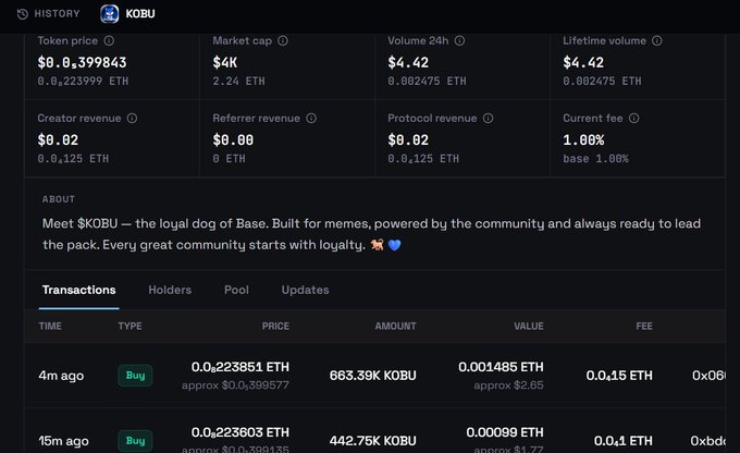 A screenshot of the $KOBU token page on o1.exchange showing key metrics including a $4K market cap, 1.00% current fee, and recent "Buy" transactions for 663.39K KOBU at approximately $2.65 and 442.75K KOBU at approximately $1.77, aligning with the post's announcement of a new $BASE token launch with an initial market cap of ~$4K.