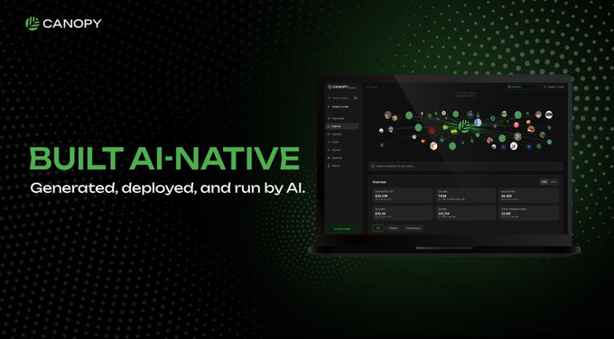 A promotional graphic for Canopy featuring a laptop displaying a network interface, with the tagline 'BUILT AI-NATIVE — Generated, deployed, and run by AI.'