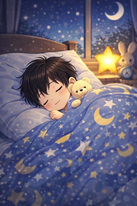 An anime-style child sleeps peacefully under a star-and-moon blanket, cuddling a teddy bear beside a star-shaped nightlight and bunny clock in a cozy nighttime scene. The dreamy, restful imagery visually echoes the post's theme of tracking long-term sleep patterns and wellness routines over time.
