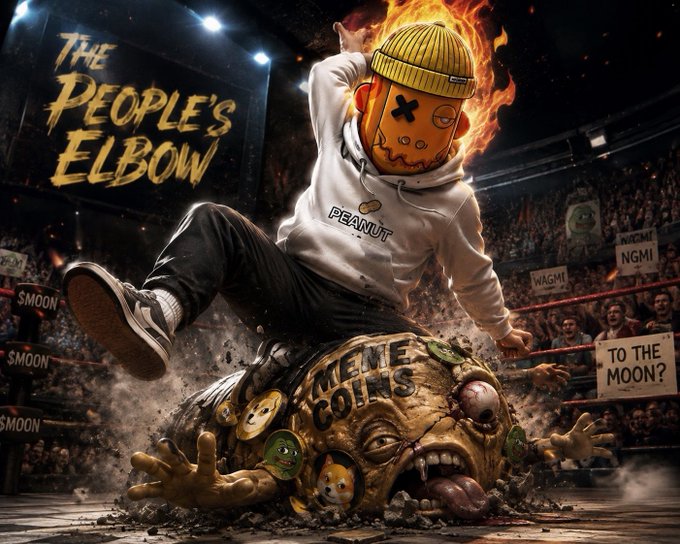 A dramatic illustration depicts a character with a flaming head wearing a "PEANUT" hoodie performing "THE PEOPLE'S ELBOW" on a defeated "MEME COINS" character in a wrestling ring.