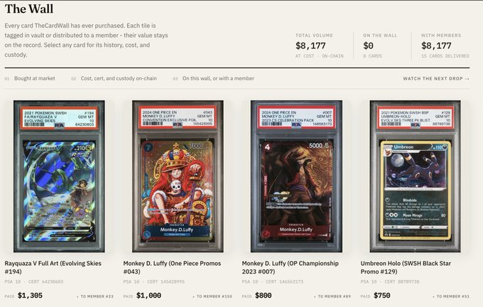 A webpage titled "The Wall" displaying four high-value, graded Pokémon cards including a Rayquaza V, two Monkey D. Luffy cards, and an Umbreon Holo, all part of an NFT collection.