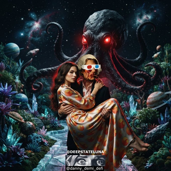 A surreal digital artwork from @deepstafeluna/@danny_demi_defi depicting a couple (with the man wearing 3D glasses) being menaced by a giant Cthulhu-like octopus creature in a cosmic, alien landscape.