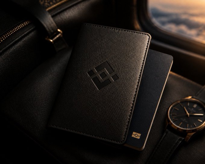 A black leather bifold wallet featuring a debossed Binance logo resting on dark leather alongside a wristwatch and what appears to be a hardware wallet device.