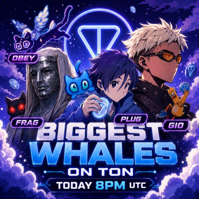 A vibrant pixel-art promotional graphic announces a "Biggest Whales on TON" stream today at 8 PM UTC, featuring anime-style characters labeled "OBEY," "FRAG," "PLUG," and "GIO" alongside cute mascots and a TON logo against a purple cosmic background. The image visually supports the post's message about influential TON ecosystem figures sharing why investors should position early in $GRAM.