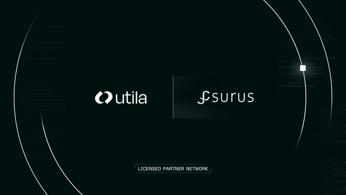 A dark graphic with white text displaying the logos 'utila' and 's.surus', along with 'LICENSED PARTNER NETWORK' at the bottom.