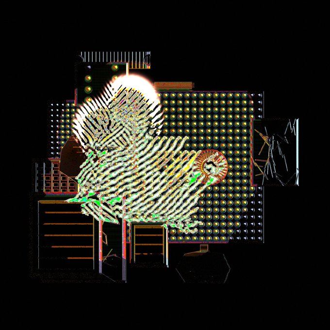 An abstract digital artwork featuring a glowing white sphere with radiating lines over a grid of yellow lights on a black background.