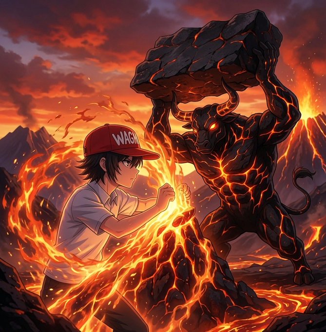 An anime boy wearing a red "WAGMI" cap faces off against a massive rock-and-lava bull wielding a boulder, set against a fiery volcanic backdrop—embodying the bullish "BULL MODE $ANSEM" energy with fiery determination and unstoppable momentum.