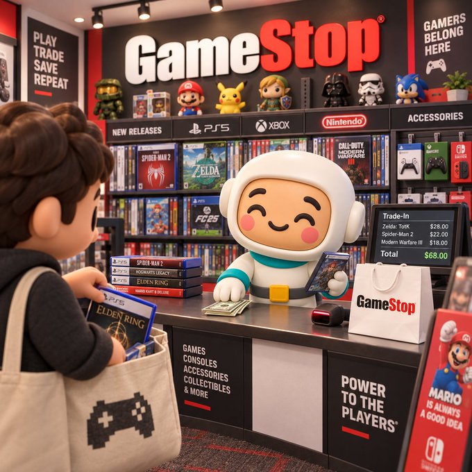 A GameStop store display featuring a customer with a tote bag, a cashier in an astronaut-like costume, games including 'Spider-Man 2', 'Elden Ring', and 'Zelda', and signage reading 'GameStop', 'PLAY TRADE SAVE REPEAT', and 'POWER TO THE PLAYERS'.