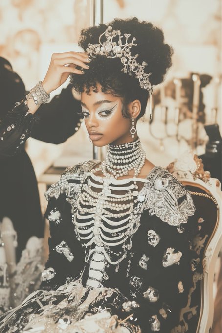 A model in elaborate Halloween costume featuring a rhinestone skull overlay, layered pearl necklaces, and a jeweled tiara on her afro.
