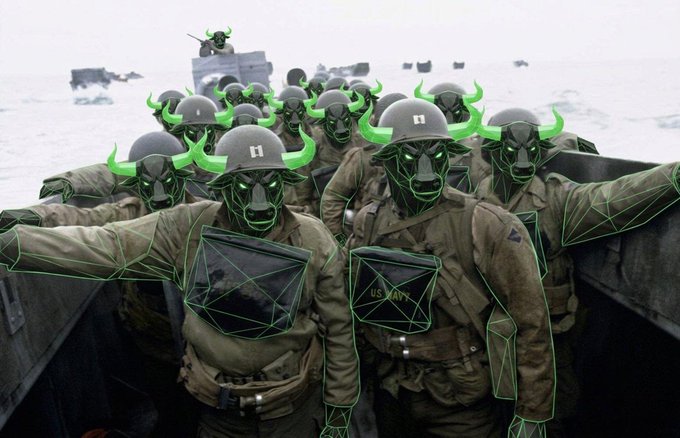 A black-and-white historical photo of soldiers in a landing craft has been edited with glowing green wireframes and horned, demonic helmet overlays.