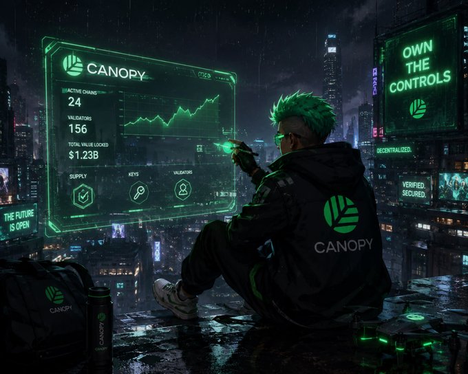 A person with green hair and a Canopy jacket sits on a ledge overlooking a neon city at night, interacting with a holographic dashboard that displays 'CANOPY' statistics: 24 active chains, 156 validators, and $1.23B total value locked.