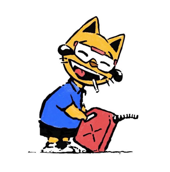 A cartoon fox character in a blue shirt and gas mask leans on a red gas can with a cigarette in its mouth, mischievously grinning while holding the nozzle—visually embodying the reckless "gas it" sentiment of the post.