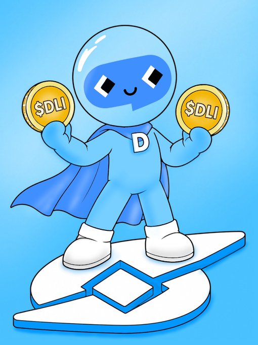 A cartoon blue character with a cape and a 'D' on its chest, holding two gold coins labeled '$DLI', standing on a stylized 'D' platform.