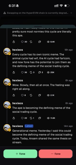 The image shows a social media thread by user "hexies" predicting that "$fone" will become "the defining meme of the social trading cycle," echoing a similar thesis shared by Ansem on stream. The post features a vote between "+ fone" and "- fone" at the bottom, with engagement metrics showing 8.4K-25K views per comment.