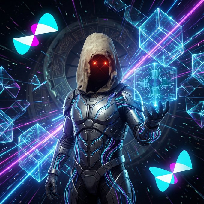 A sci-fi digital artwork of a hooded, armored figure with glowing red eyes, manipulating a glowing blue circuit cube, with stylized teal and pink butterfly symbols floating in a neon background.
