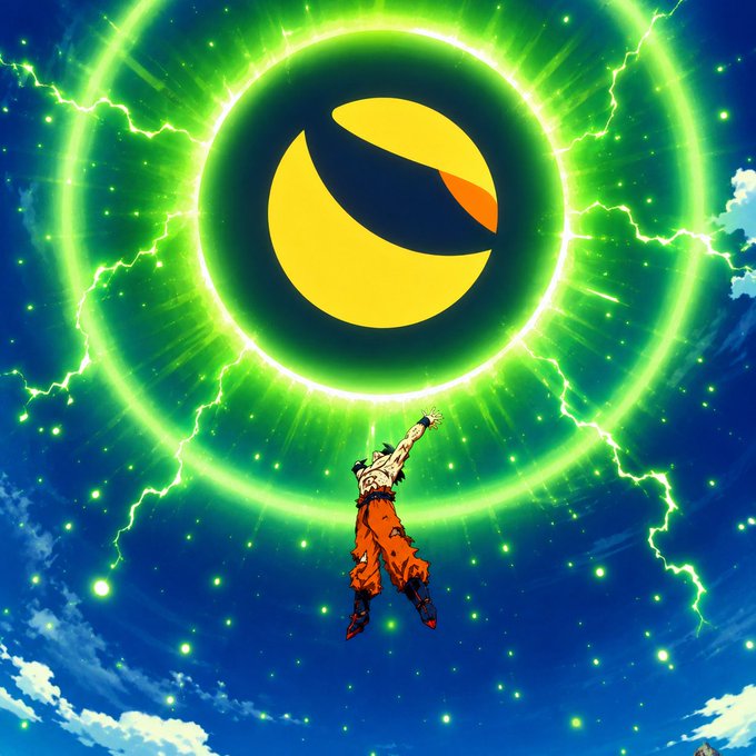 An anime-style illustration of a character in orange pants reaching up toward a large yellow orb surrounded by glowing green energy rings against a blue sky.