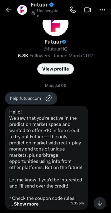 A Twitter DM from 'Futuur' (@futuurHQ) offering $10 in free credit to try their prediction market, addressed to 'help.futuur.com' on Monday, July 06 at 9:35 pm.