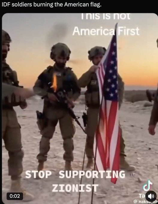 The image shows IDF soldiers burning the American flag with the text "STOP SUPPORTING ZIONIST" and "This is not America First" overlaid. This visually represents the sentiment that American resources are being used to support foreign interests instead of its own citizens.