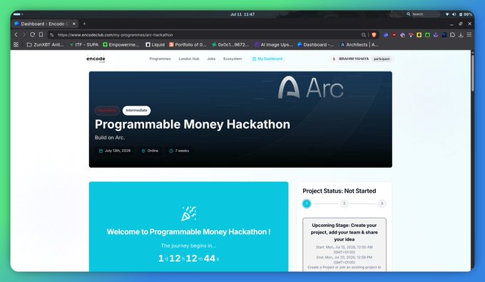 A screenshot of the Encode Club dashboard showing the "Programmable Money Hackathon" page built on Arc, with a welcome banner indicating the journey begins in 1:12:12:44 and details that the hackathon runs from July 13th to August 31st, 2026. The image visually confirms the registration mentioned in the post, displaying the project status as "Not Started" with the upcoming stage being to create a project and join the team.