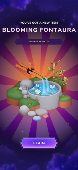 A mobile game reward screen announcing 'YOU'VE GOT A NEW ITEM: BLOOMING FONTAURA - LEGENDARY WATER' featuring a 3D-rendered decorative fountain with bamboo and flowers, with a 'CLAIM' button at the bottom.