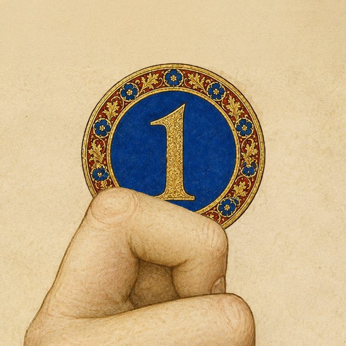 An illustration of a hand holding up a circular medieval-style medallion featuring a gold number '1' on a blue background, bordered by ornate floral patterns on a beige backdrop.