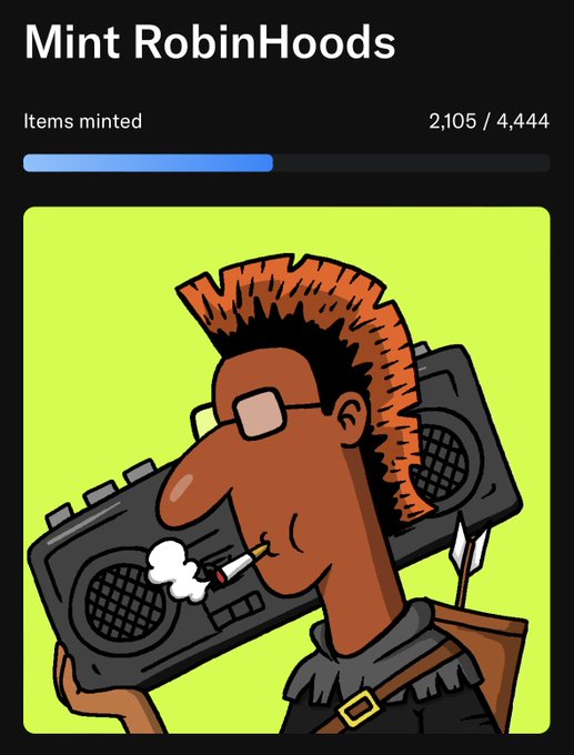 'Mint RobinHoods' NFT mint page showing 2,105/4,444 items minted, featuring a character with a mohawk smoking a cigarette while holding a boombox.