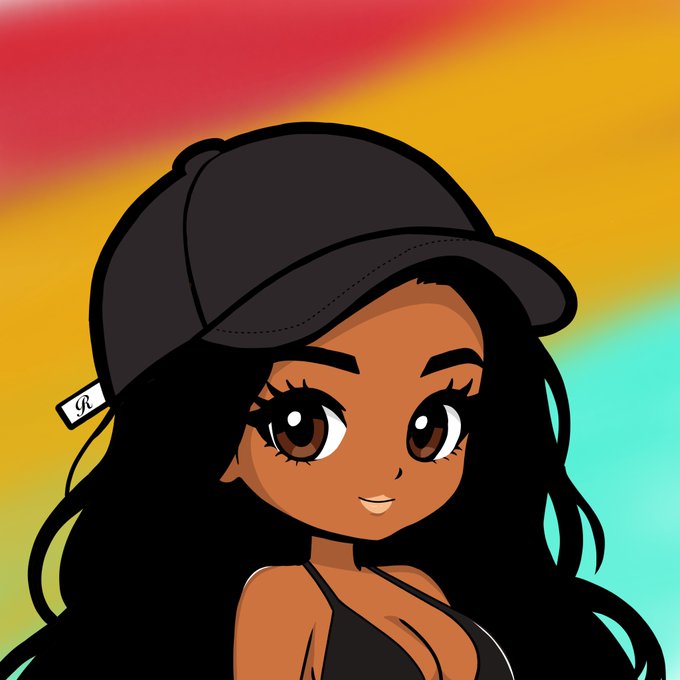 A digital cartoon illustration of a young woman with long black hair, large brown eyes, and a black baseball cap, set against a gradient background of red, orange, and teal.