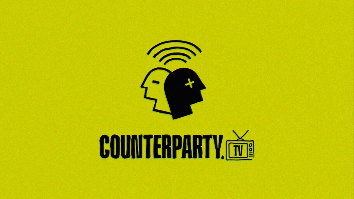 The image features a logo for a streaming platform called Counterparty. The logo consists of two black heads facing each other with a white bird symbol above them, which represents a wifi signal or Wi-Fi connection. Below the bird, there are the words "Counterparty" written in black text.