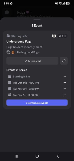 A mobile app screenshot showing a Discord event listing for 'Underground Fugz' starting in 8 minutes, part of a monthly meet-up series, with an 'Interested' button and 'View future events' option.