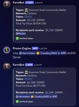 Discord messages from FarmBot showing crypto tip transactions, with details including 'Tipper: Quantum Snek Community Wallet', 'Token: QSNEK', amounts in QSNEK and USD, and recipients including '@Muliet' and '@cowboyDAO in ARC'.