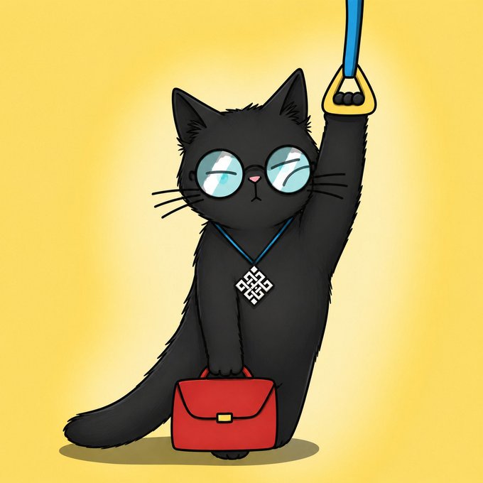 A cartoon illustration of a black cat wearing round glasses, a pendant necklace, and holding a red briefcase while gripping a subway handrail against a yellow background.