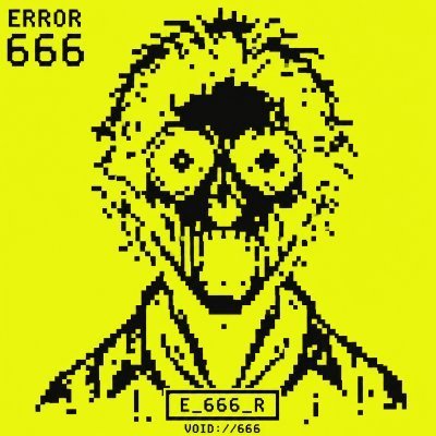 A retro pixel-art glitch image with yellow background showing a distorted skull-like figure, labeled 'ERROR 666' and 'E_666_R VOID://666'.