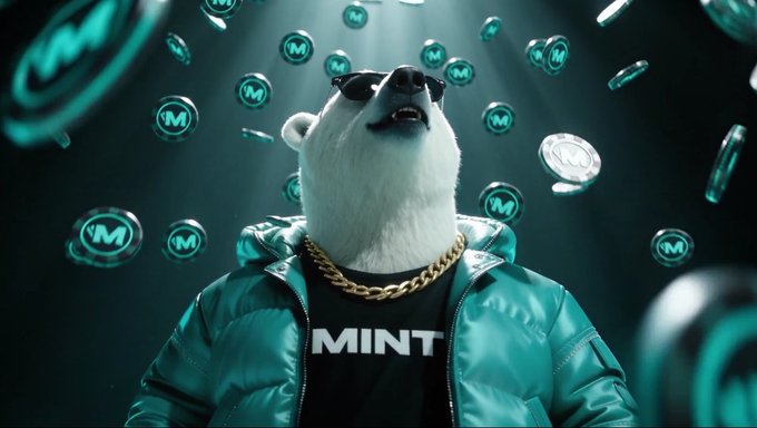 An AI-generated image of a polar bear wearing sunglasses, a gold chain, and a teal puffer jacket with "MINT" on the shirt, surrounded by green coins featuring the letter "M".