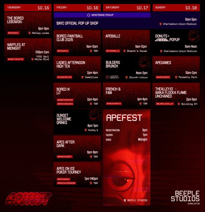 The image is a red-themed event schedule titled "APEFEST" running Thursday 10.15 through Sunday 10.18 at BEEPLE STUDIOS CHARLESTON, featuring activities like "THE BORED LEBOWSKI," "WAFFLES AT MIDNIGHT," "BORED PAINTBALL CLUB 2026," and "APES AFTER DARK," with hashtags such as #BORED, #BOREINTHEMIX, and #AFAFTERSCEST displayed throughout. The calendar aligns with the post's message about a packed ApeFest weekend full of Bored Ape Yacht Club meetups and events.