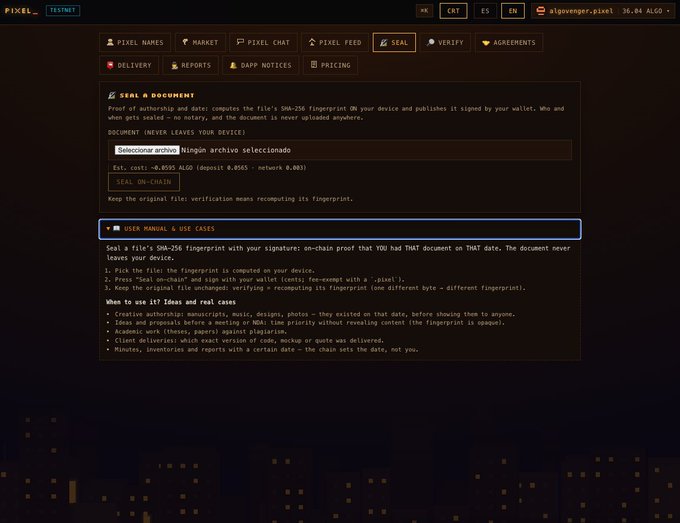A screenshot of the 'PIXEL' website interface showing a 'SEAL A DOCUMENT' feature, with options for 'SEAL ON-CHAIN' and a dropdown menu labeled 'USER MANUAL & USE CASES' explaining SHA-256 fingerprinting for on-chain proof of authorship.