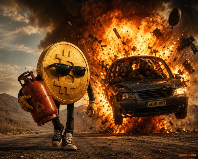 A stylized image showing a Bitcoin coin character wearing sunglasses and carrying a red gas canister, walking away from an exploding car driven by roaring bears with a 'BEAR MKT' license plate, watermarked '@tomipoint'.