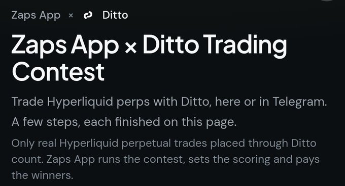 Promotional announcement for the 'Zaps App x Ditto Trading Contest' where users can trade Hyperliquid perps via Ditto, with real perpetual trades counting for scoring and winners paid by Zaps App.