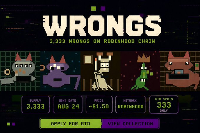 Promotional graphic for the "WRONGS" NFT collection featuring 3,333 pixel-art characters, with details noting an Aug 24 mint date on Robinhood Chain at approximately $1.50, while highlighting that only 333 of the 3,333 supply are reserved as GTD (guaranteed) spots for applicants.