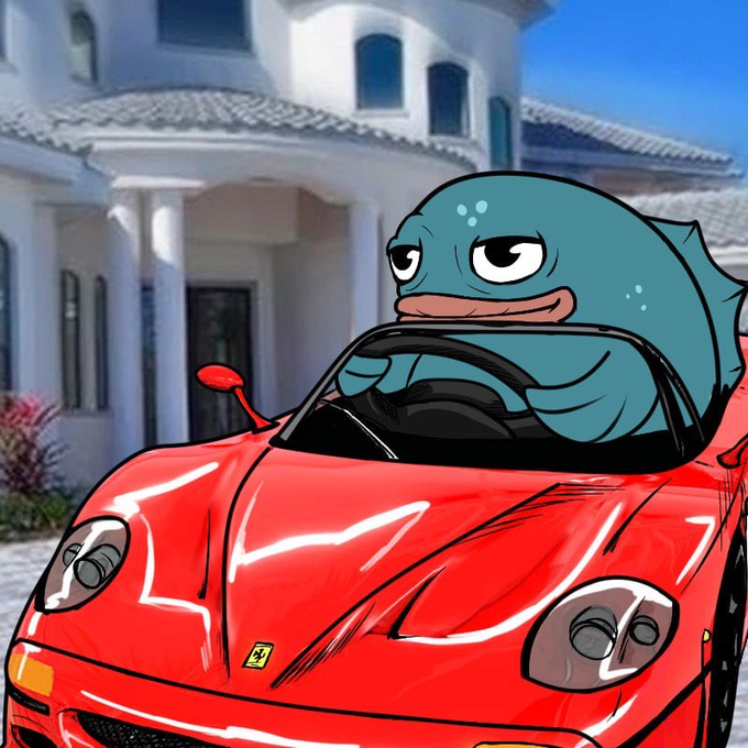An AI-generated cartoon image of a blue fish-like character driving a red convertible sports car in front of a large mansion.