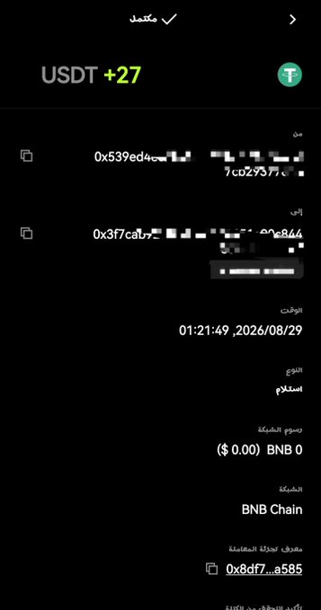 A cryptocurrency transaction confirmation screen in Arabic showing a USDT transfer with a value of "+27" on the BNB Chain network.