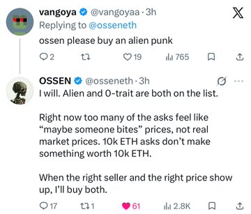 A Twitter/X thread where user @vangoya replies to @osseneth saying 'ossen please buy an alien punk', and @osseneth responds about NFT market prices regarding Alien and O-trait collections.